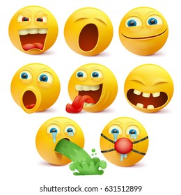 Conjunto de personajes emojis amarillos con diferentes emociones. Ilustración del vector