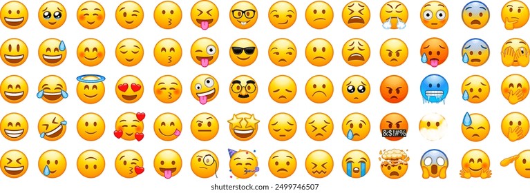 Set of yellow emoji and emoticon faces in vector graphic. This collection represents a variety of emotions and expressions, perfect for digital designs and social media.