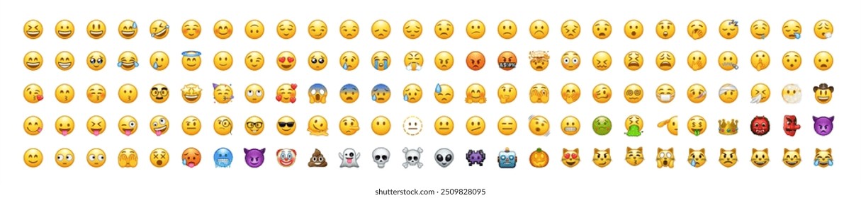 Conjunto de emojis amarelos e faces emoticon em formato gráfico vetorial em um fundo transparente. Esta coleção representa uma variedade de emoções e expressões, perfeitas para projetos digitais. Vetor 10eps