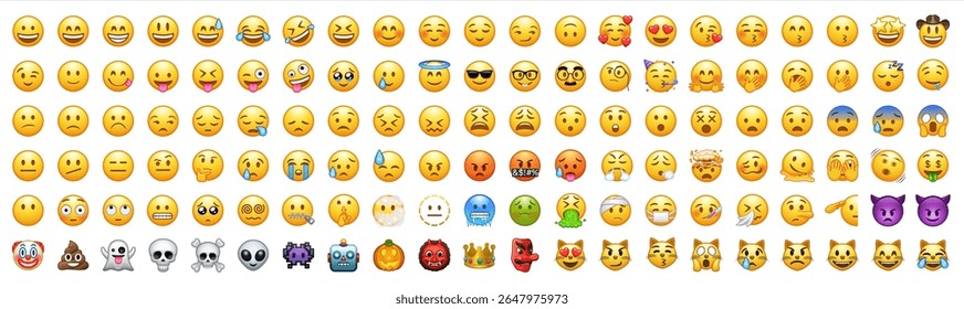 Set of yellow emoji and emoticon faces in vector graphic format on a transparent background. This collection represents a variety of emotions and expressions, perfect for digital designs. Vector icon.