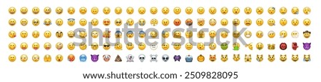 Set of yellow emoji and emoticon faces in vector graphic format on a transparent background. This collection represents a variety of emotions and expressions, perfect for digital designs. Vector 10eps