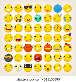 Set of yellow emoji and emoticons with different facial expressions dressed up in costumes for holidays. Flat isolated emoticons