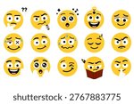 Set of yellow emoji emoticons with various expressions and activities, including thinking, studying, sleeping, being happy, and getting ideas. Vector illustration of cute character faces for social media and communication