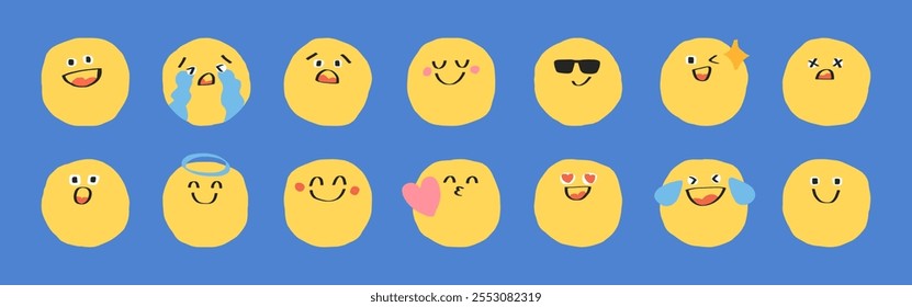 Conjunto de caras de emoji amarillas sobre un fondo azul, mostrando varias emociones como la felicidad y la sorpresa. Lindas expresiones emoji para una comunicación divertida. Dibujado a mano lindo emoticono ilustración. Vectores.