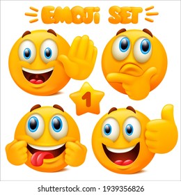 Set of yellow emoji icons Emoticon cartoon character with different facial expressions in 3d style isolated in white background. Vector illustration