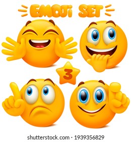 Set of yellow emoji icons Emoticon cartoon character with different facial expressions in 3d style isolated in white background. Vector illustration