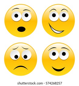 Set of yellow emoji icons isolated. Four smilies. Vector illustration.