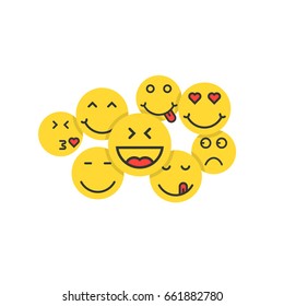 set of yellow emoji like crowd of people. concept of smilies for social network or togetherness and communication. simple flat style trend modern logo graphic design isolated on white background