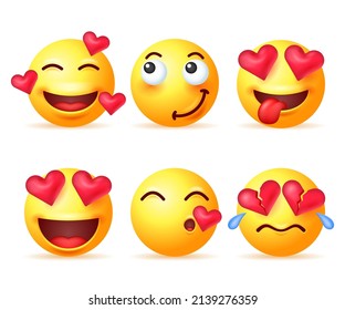 Set of yellow emoji in love isolated on white background. Vector 3d illustration.