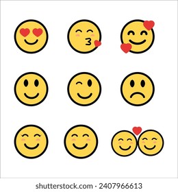 Set of yellow emoji with lovely expressions, valentine day emoji icons