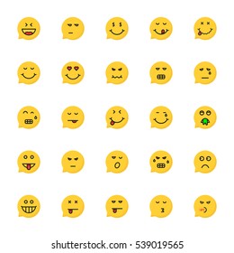 set of yellow emoji speech bubble. concept of lol, cry, foodie, notice, collection, pleasent, anger, profile print, sad, mouth delicious. flat style trend logotype graphic design on white background