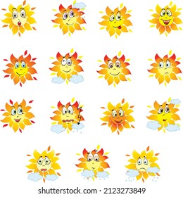 Set of yellow emojis sun isolated on white background. Vector illustration