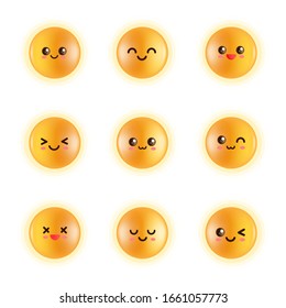 A set of yellow emoticon face illustrations. Cartoon Kawaii emoji. Flat emoticons vector illustration. Cute expressions face with eyes and red cheeks. Facebook and whatsapp emoticons. White background