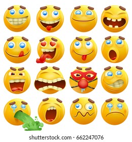 Set of yellow emoticon smiley faces characters