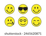 A set of yellow emoticons. Emotion icons, love, joy, sadness, and others, for stickers and design elements.