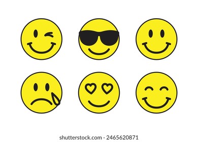 A set of yellow emoticons. Emotion icons, love, joy, sadness, and others, for stickers and design elements.