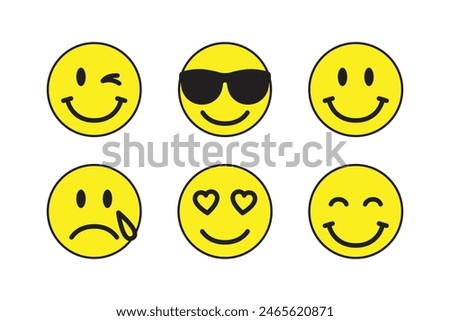 A set of yellow emoticons. Emotion icons, love, joy, sadness, and others, for stickers and design elements.