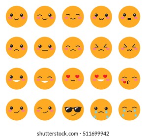 Set yellow emotions face. Set Japanese smiles. Round, yellow Kawaii face on a white background. Cute Collection emotions anime style. Vector illustration
