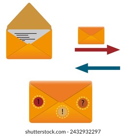 Set of yellow envelope SMS messages, sending, delivery.
