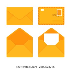 Set of yellow envelopes in different styles, including closed, open, and with a letter. Mail, correspondence, and stationery concept. Flat vector illustration isolated on white background