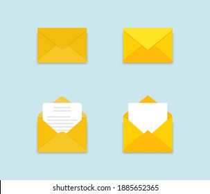 Conjunto de sobres amarillos en diferentes vistas sobre fondo azul. Simulaciones de sobre de papel. Conjunto de iconos que representan una letra cerrada. Documento en papel en un sobre. Entrega de correspondencia. Icono de correo.