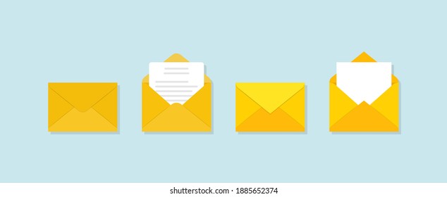 Set of yellow envelopes in a different views on blue background. Paper envelope mockups. Set of icons depicting a closed letter. Paper document in an envelope. Delivery of correspondence. Mail icon.