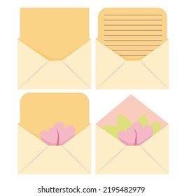 Set of yellow envelopes with hearts