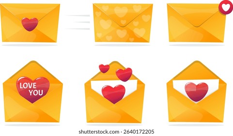 Set yellow envelopes with love letters or valentines, message with love and heart for Valentines Day. Stock vector illustration