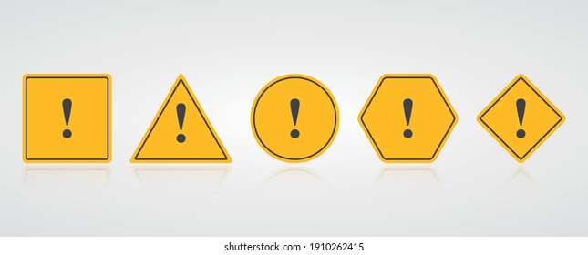 Set of yellow exclamation mark icon on grey background. Caution sign in various shape. Vector