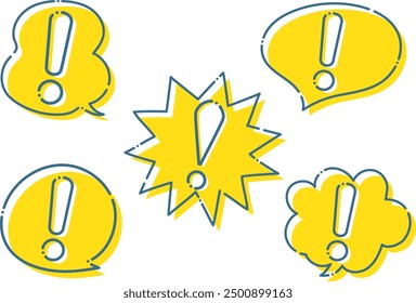 Set of yellow exclamation mark speech bubbles with blue dashed lines