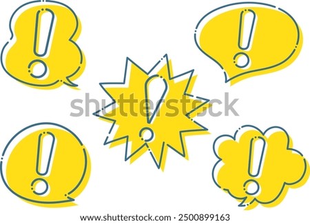Set of yellow exclamation mark speech bubbles with blue dashed lines