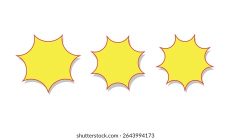 Set of yellow explosion stars, mid century 50s starburst stars, starburst speech bubbles, burst speech balloon, flash blast red and yellow, comic burst or bursting star, sale tags, stickers burst star