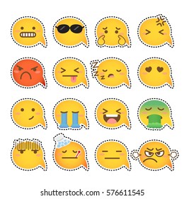 Set of yellow face emoticons icon pack with various facial expressions in flat design on white background.