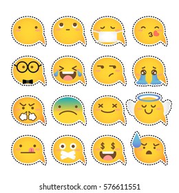 Set of yellow face emoticons icon pack with various facial expressions in flat design on white background.