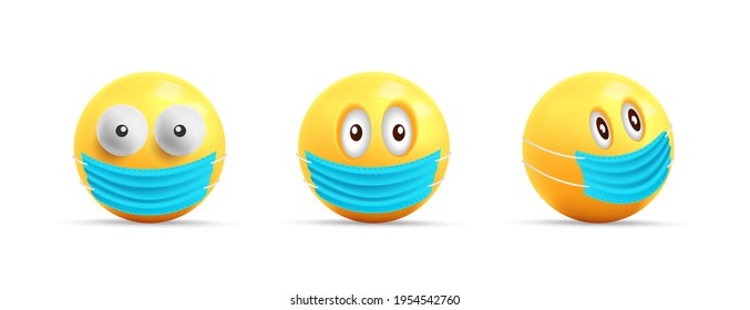 Set of yellow faces, 3d spheres with face mask, coronovirus smiley faces with only eyes, isolated