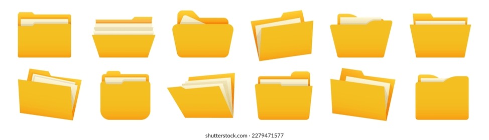 Set of yellow file folder. Office folder collection