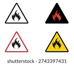 Set of yellow fire hazard warning icons with flame symbols in a safety and danger sign design