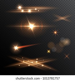 Set of yellow flashes, flares and blurs isolated on black background. Vector illustration.