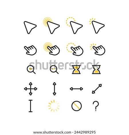 A set of yellow flat simple cursor icons. Minimalistic flat mouse cursor, pointer, hand, zoom in, zoom out.