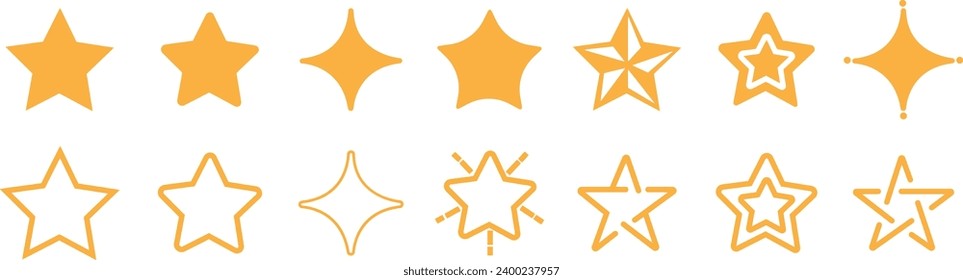 Conjunto de Iconos de estrellas amarillas y planas. Estrellas de silueta minimalista con material editable. Elementos geométricos modernos, estrellas brillantes, siluetas brillantes abstractas. Colección sobre fondo transparente.