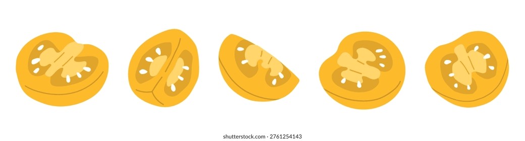 set of yellow Flat vector tomato in line with sliced,half pieces. Cute vegitable collection isolated on light background.