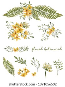 Set of yellow floral hand-painted watercolor with separate flower for textile, card, wrapping paper, wallpaper. 