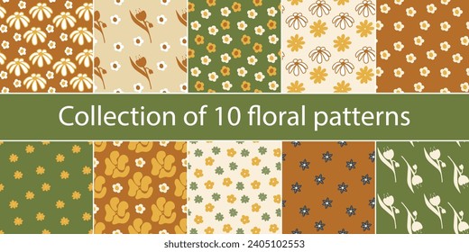 Set of yellow floral patterns in a minimalist style. Daisies, tulips, irises, daisies. The summer pattern
