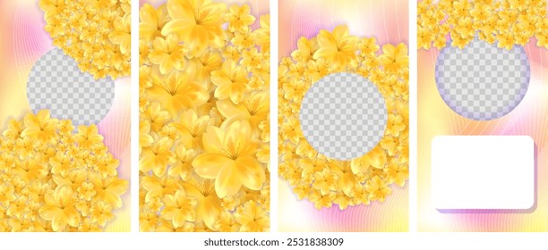 Set of yellow flower story background templates. Stock vector illustration in realistic style.