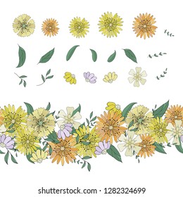 set with yellow flowers with seamless boarder and floral elements vector isolated