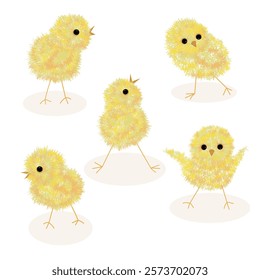 set of yellow fluffy chickens for decoration for Easter, children's stickers, animal world, vector image