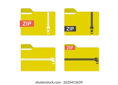 Set of yellow folder with zipper. Zip archive. Data storage. Database pictogram isolated on white background. Icon of zip folder, collection. flat vector illustration