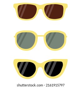 Un conjunto de gafas de sol marco amarillas con lentes negras y oscuras. Ilustración vectorial en estilo plano eps10.