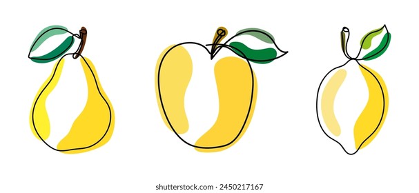 Conjunto de frutos amarillos en estilo lineal. Limón. Manzana. Pera. Para el diseño de productos alimenticios. Entrega de fruta. Nutrición adecuada. diseño de Vector