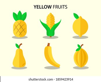Set of yellow fruits. Pineapple, corn, lemon, pear, banana and star fruits with flat style